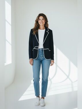 Ming Wang Black & White Piped Blazer Size Medium